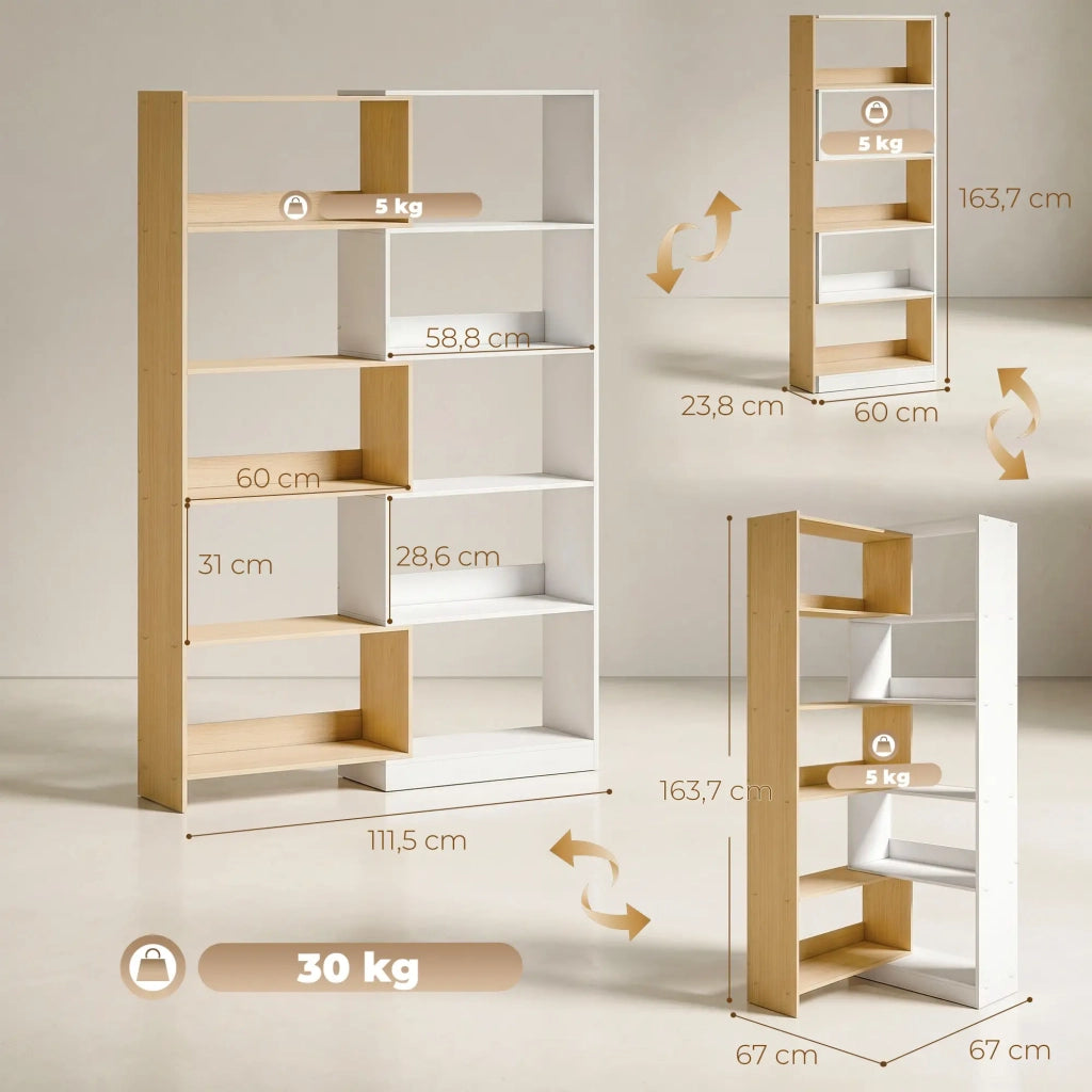 Libreria 111.5x23.8x163.7 cm trasformabile in truciolare naturale e bianco