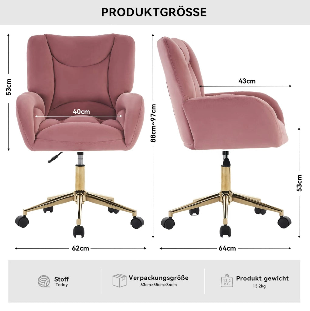 Sedia da ufficio regolabile in velluto rosa con base dorata e ruote girevoli 360°