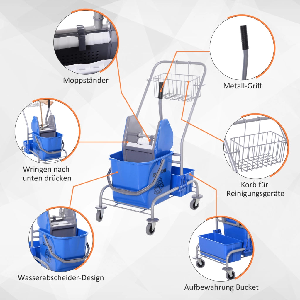Carrello per pulizie blu con secchio da 25 L e strizzatore