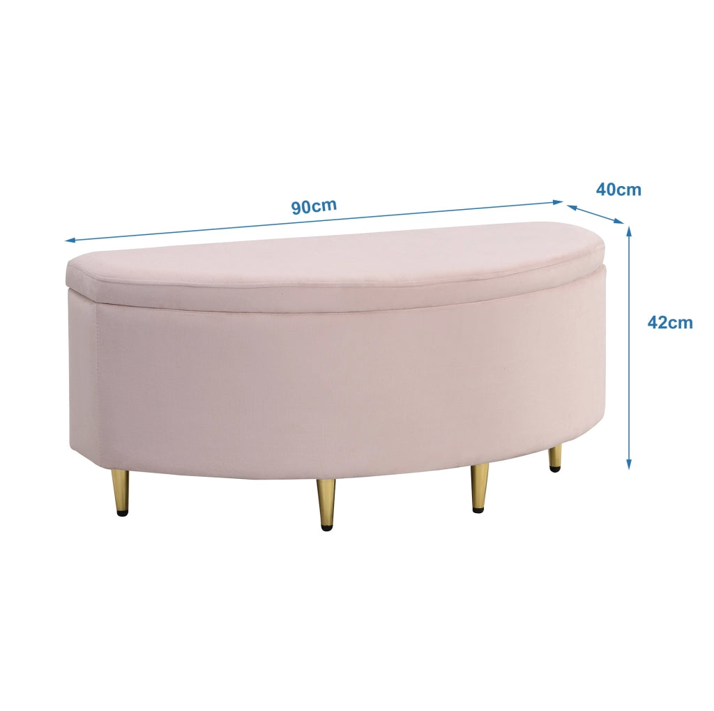 Panca contenitore imbottita in velluto rosa; 90 x 40 x 42 cm