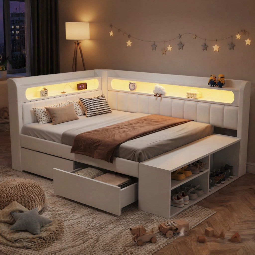 Letto singolo imbottito 90x200 cm con LED; USB; 2 cassetti e scarpiera bianco HOMVRA