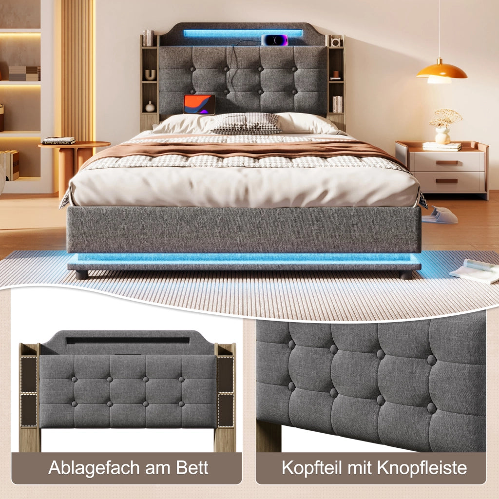 Letto contenitore 140 × 200 cm con LED USB e Type-C rivestito in lino grigio con vani laterali