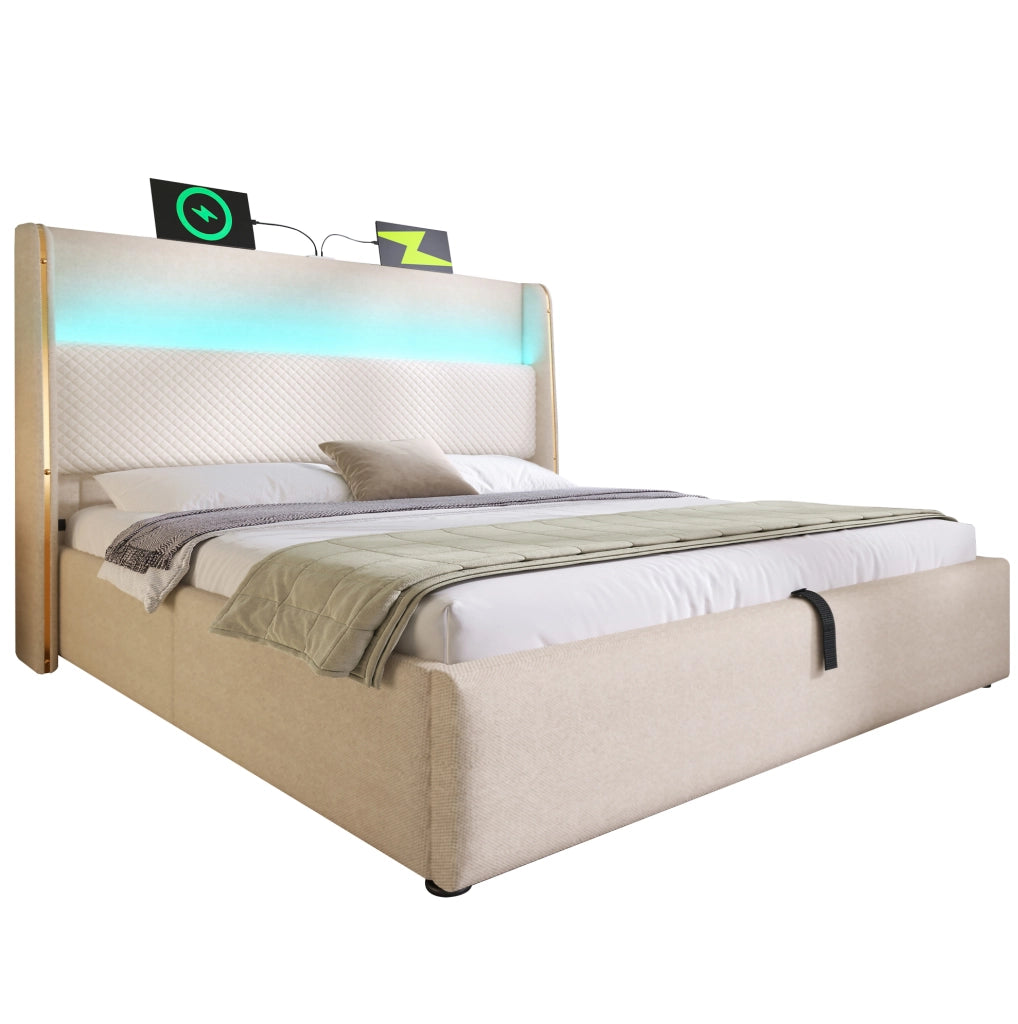 Letto contenitore idraulico 180x200 cm con testiera alta; LED; USB/Type-C; materasso; beige
