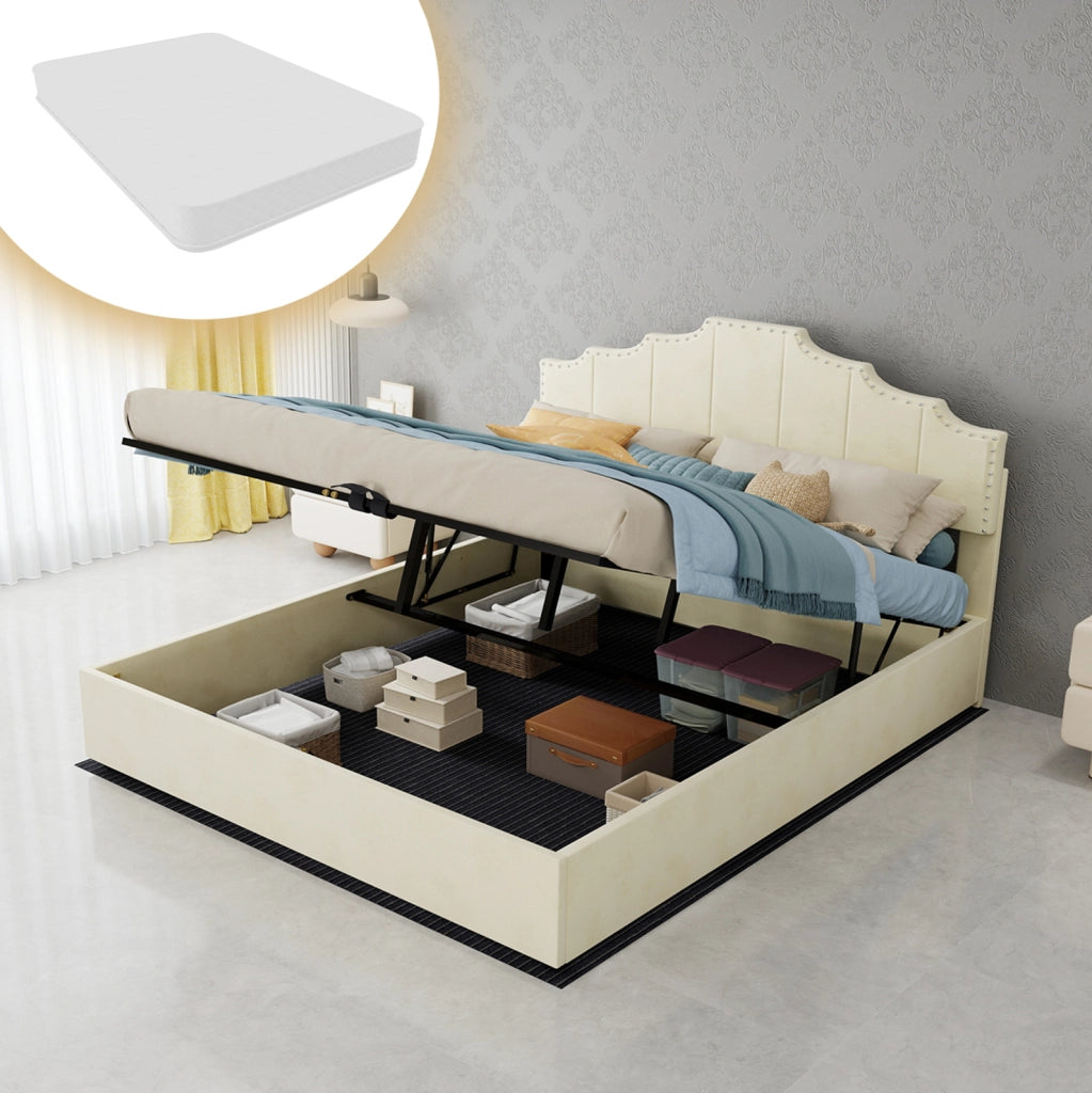 Letto matrimoniale imbottito ULEVR 160x200 cm con materasso incluso, testiera geometrica beige