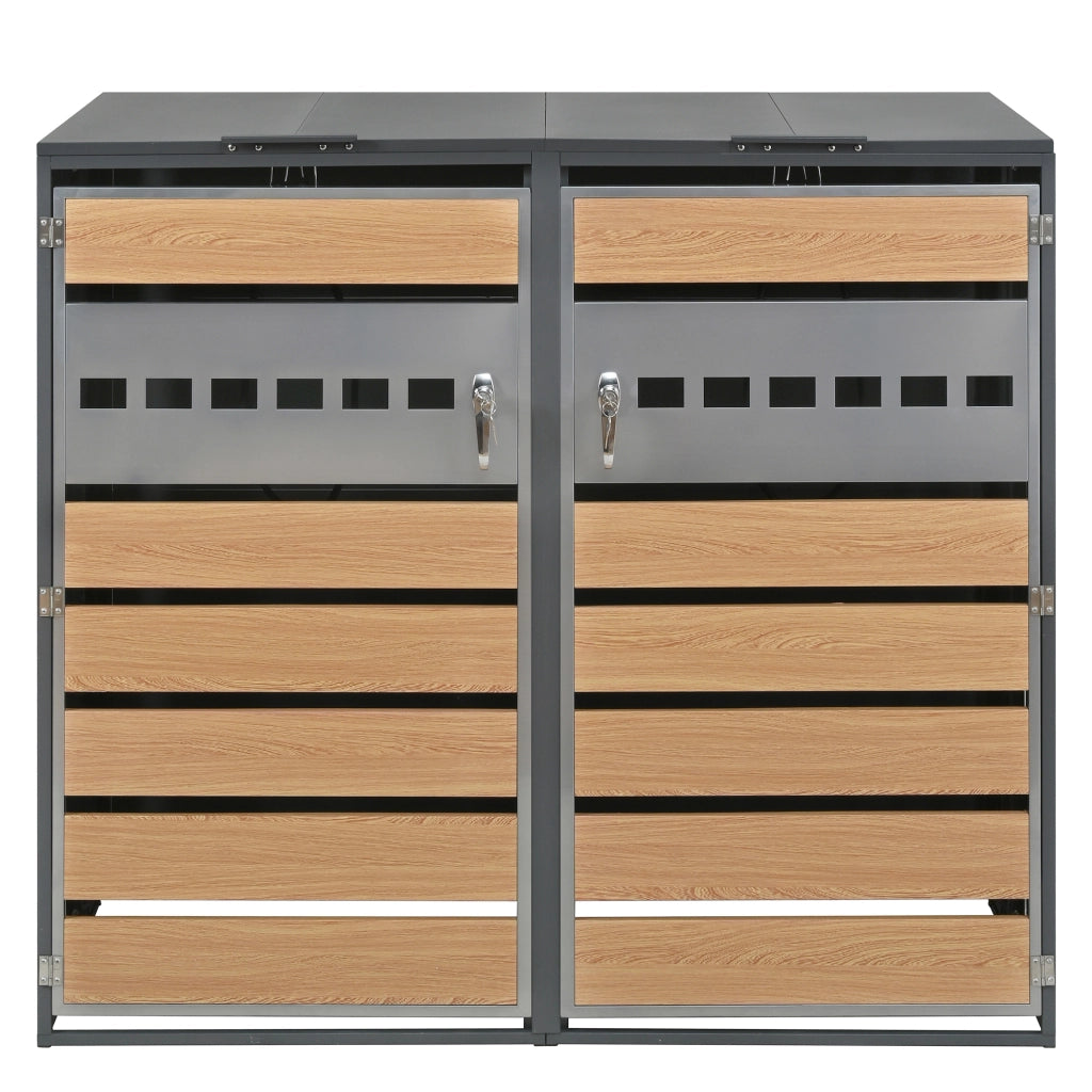 Box portabidoni a 2 scomparti con coperchi idraulici in acciaio zincato grigio effetto legno 132 × 80 × 118.5 cm
