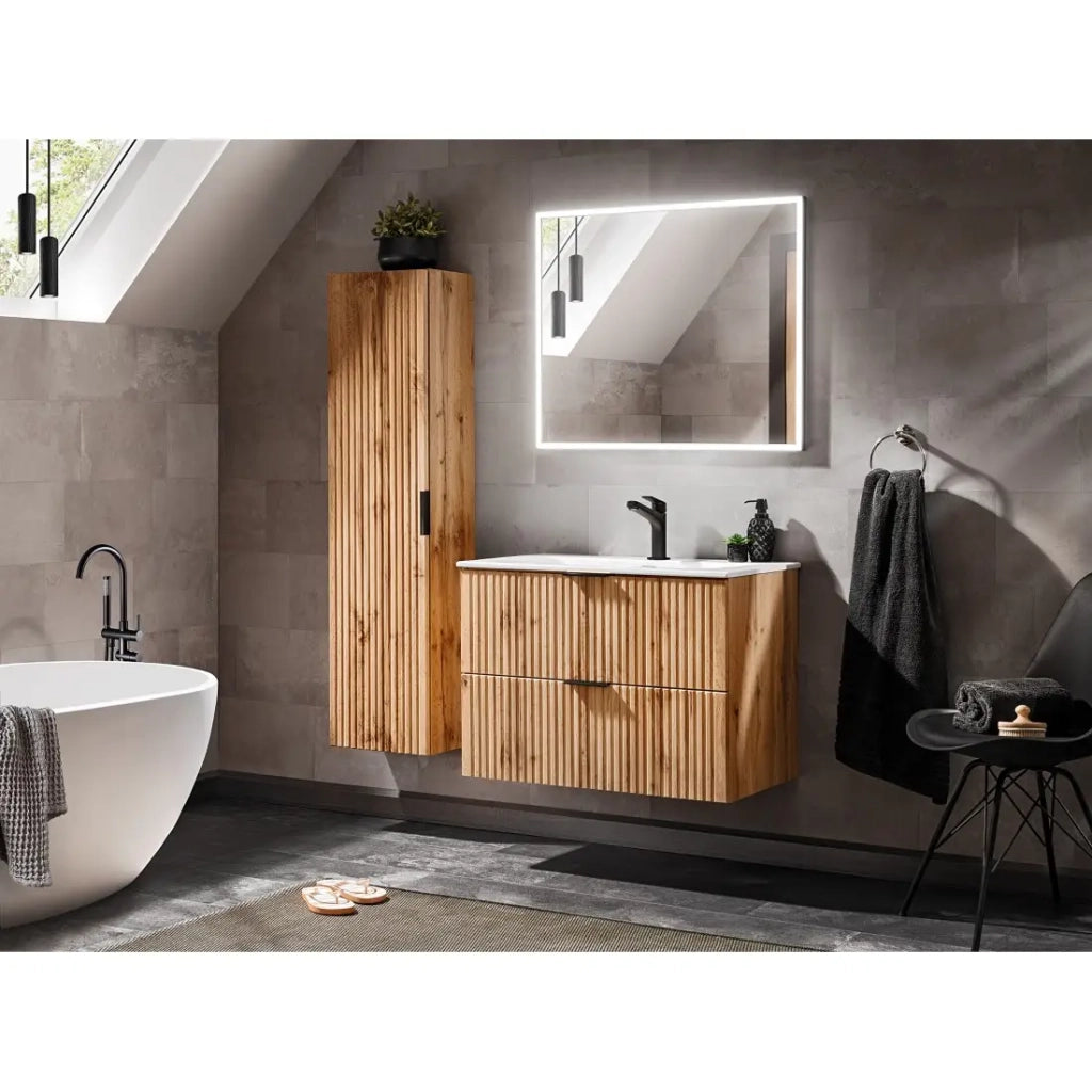 Mobile sottolavabo NOXERA – 80 cm – 2 cassetti – Colore rovere wotan – Mobile sospeso elegante