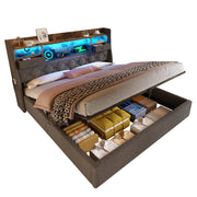 Letto matrimoniale 180 × 200 cm 2 posti con contenitore idraulico; LED; 3 USB e Type-C; senza materasso; in lino grigio