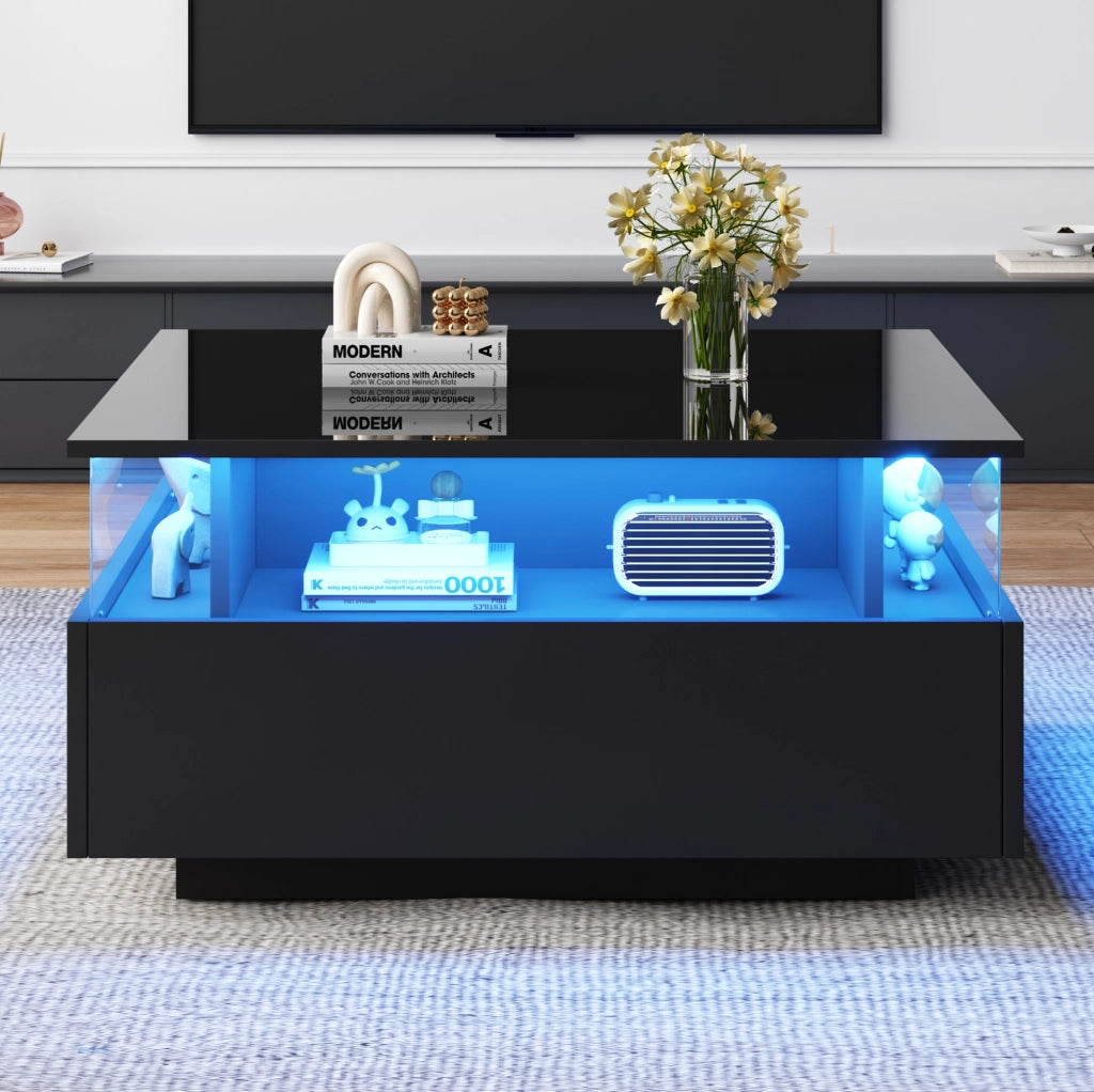 Tavolino da caffè con LED e 2 cassetti; 70 x 70 x 41 cm; nero