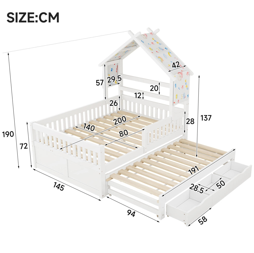 Letto a casetta 140x200 cm bianco con letto estraibile; 3 cassetti e sponde di sicurezza