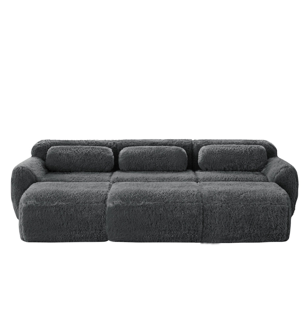 Divano modulare boneless Cloud in tessuto peluche grigio, con 3 ottomani, 3 posti, comodo per soggiorno