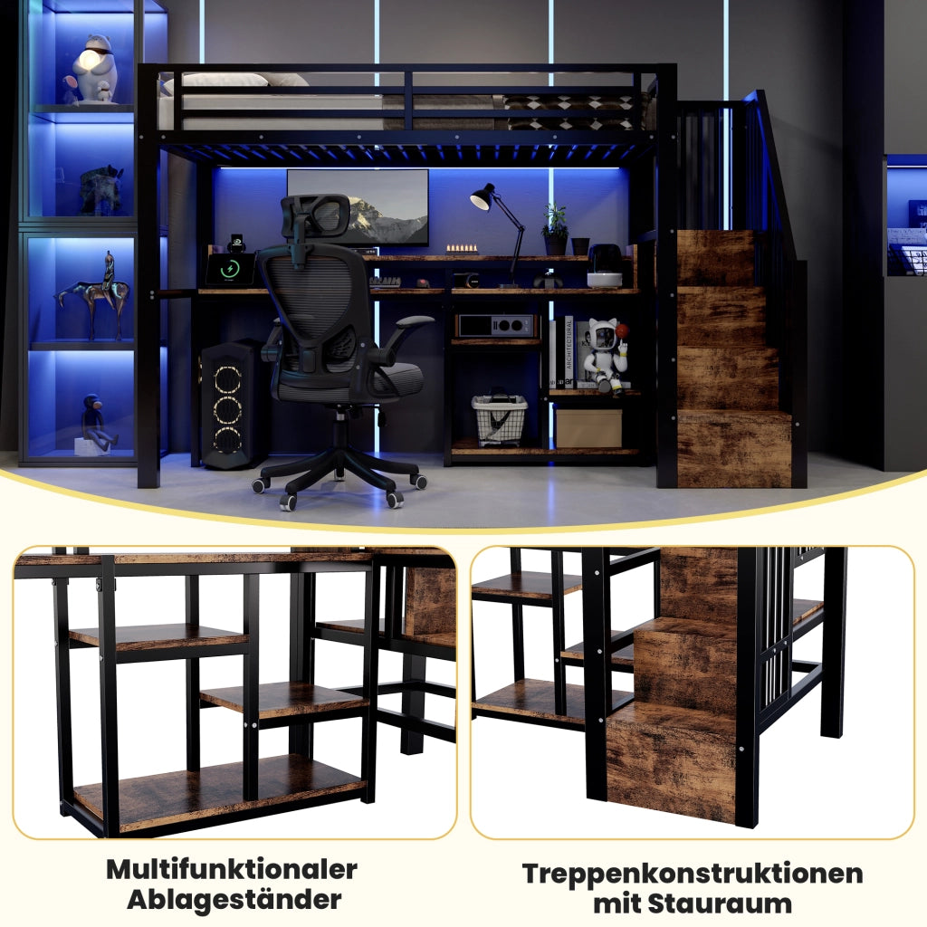 Letto a soppalco 90 × 200 cm in metallo e MDF nero con armadio a scala LED USB e USB-C