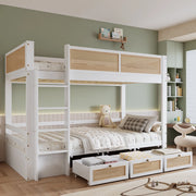 Letto a castello per bambini in pino e MDF; 90x200 cm; con 3 cassetti su ruote e rattan; bianco e naturale