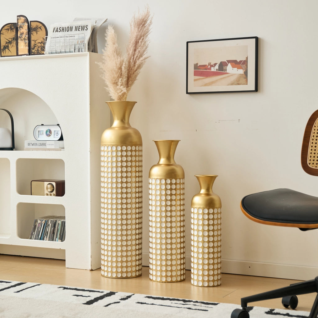 Set di vasi da pavimento 3 pezzi in metallo bronzo antico e bianco a pois per decorazioni interne ed esterne protette
