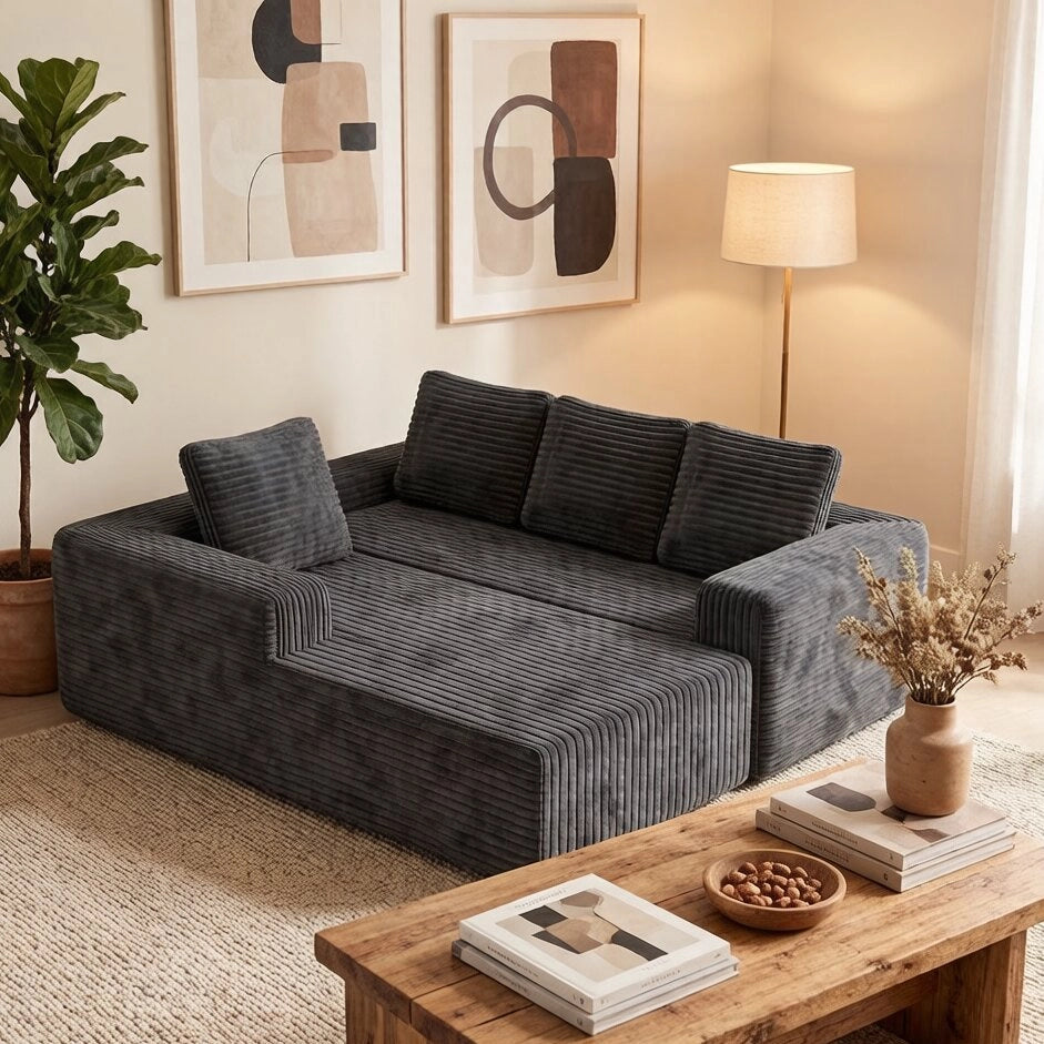 Divano modulare a L con chaise longue configurabile in velluto a coste grigio seduta profonda senza montaggio