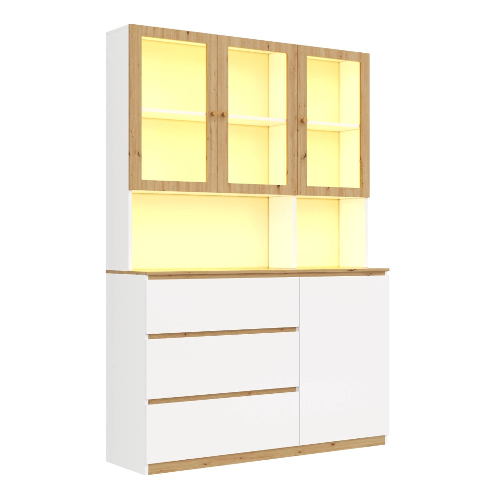 Vetrina alta multifunzione con LED, bianco e rovere