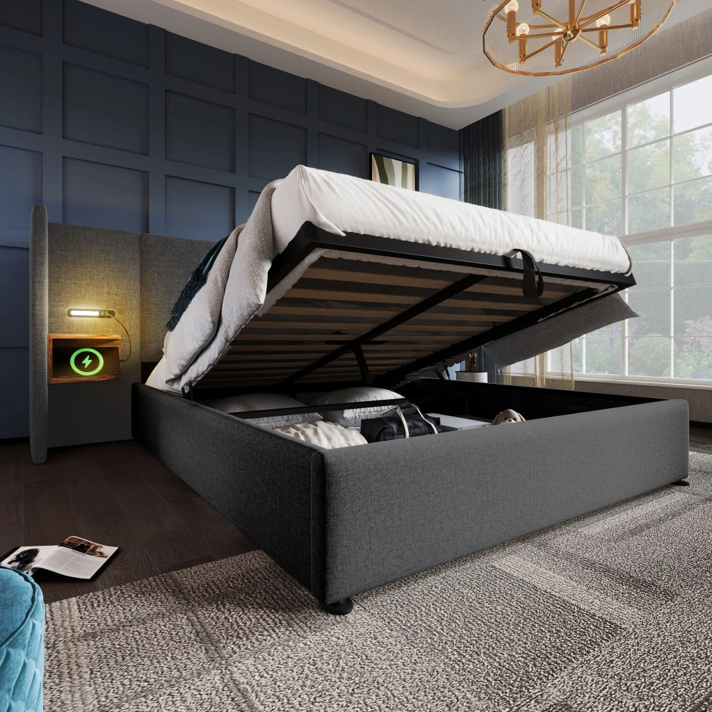 Letto contenitore 160 × 200 cm con testiera imbottita mensole lampade da lettura USB Type-C lino grigio