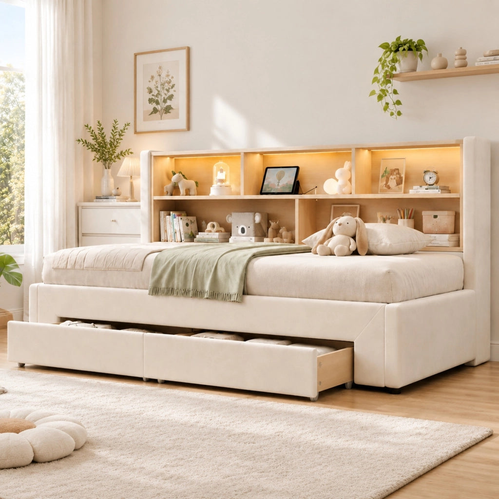 Letto divano allungabile 90x200 cm in velluto beige con 2 cassetti, senza materasso
