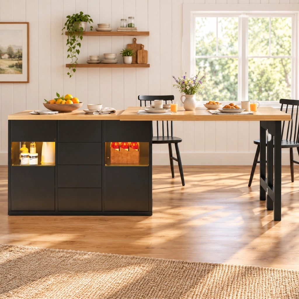 Isola cucina girevole 360° 120–197 cm con 4 cassetti ante in vetro LED RGB tramite app in MDF e metallo nera