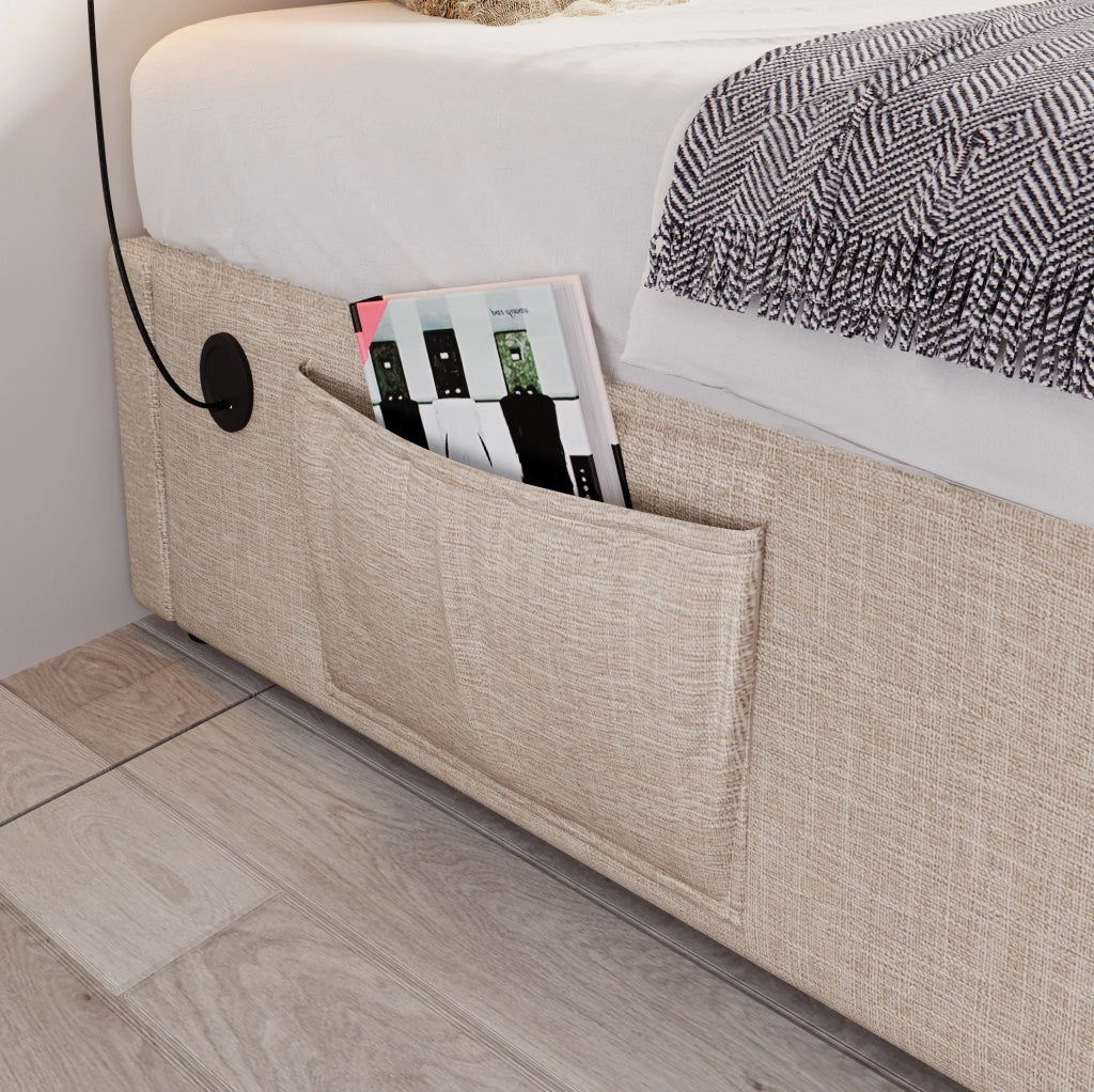 Letto matrimoniale contenitore 160x200 cm senza testiera in lino beige e naturale con USB-C HOMVRA