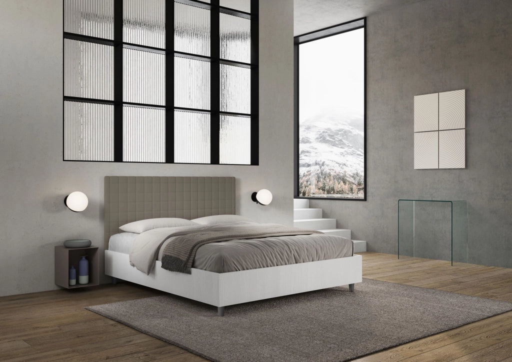 BS COM Letto matrimoniale con rete 160x200 bianco frassino testata similpelle cappuccino