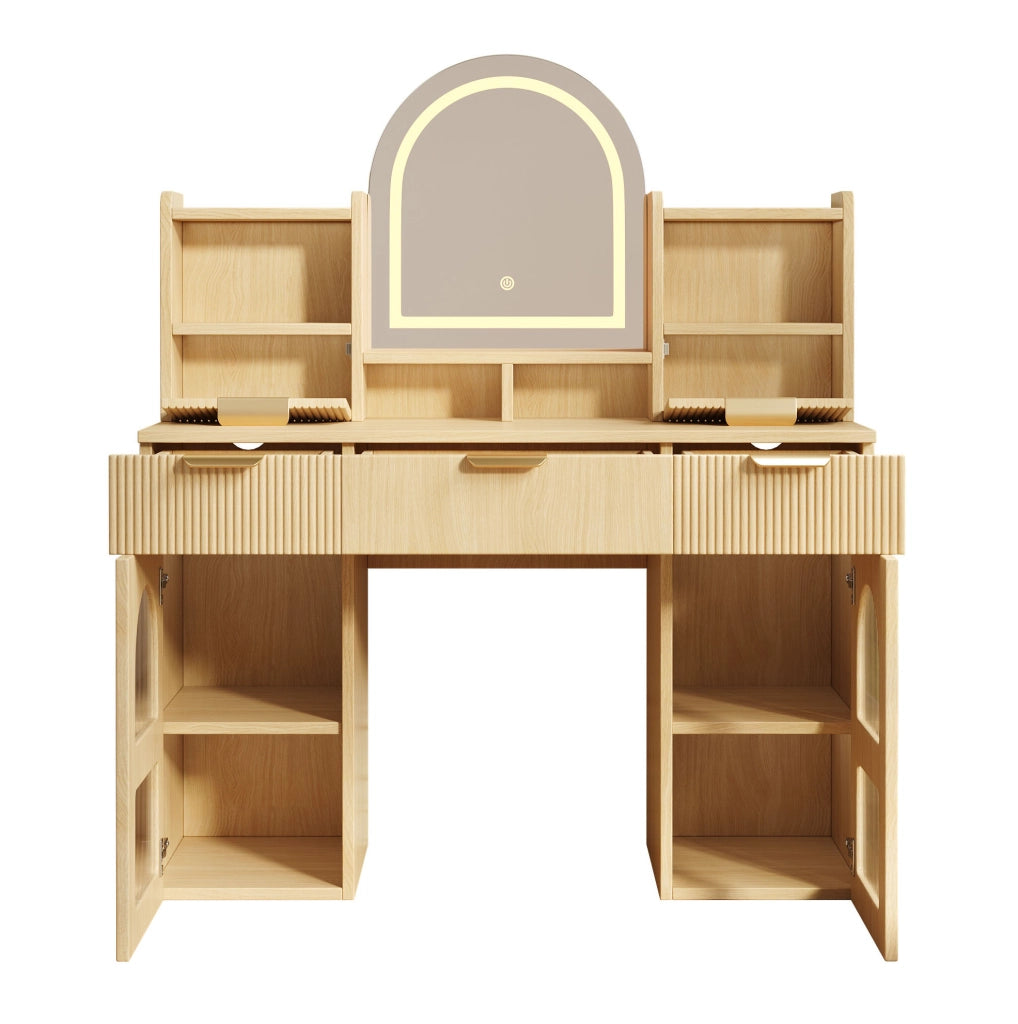 Toeletta ULEVR 120x40x139,5 cm con specchio LED dimmerabile, 3 cassetti e 2 vetrinette, naturale