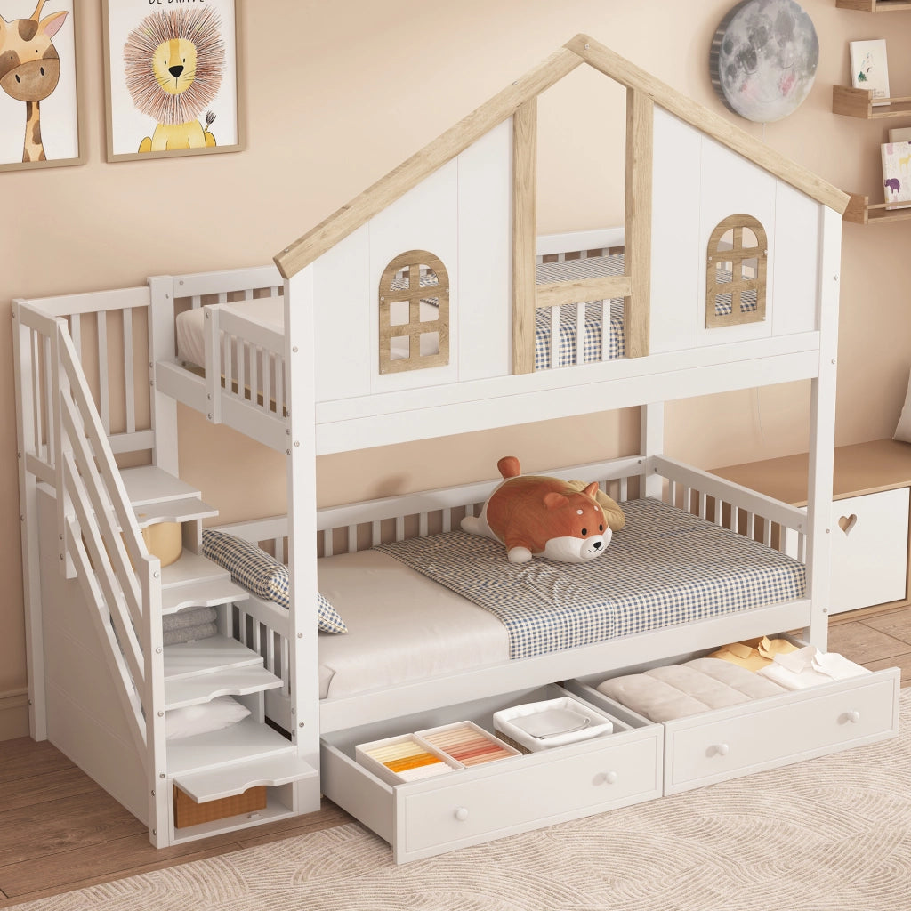 Letto a Castello per Bambini 90x200 cm con Design Casetta con Finestre, 2 Cassetti, Scala Contenitore, Bianco E Naturale