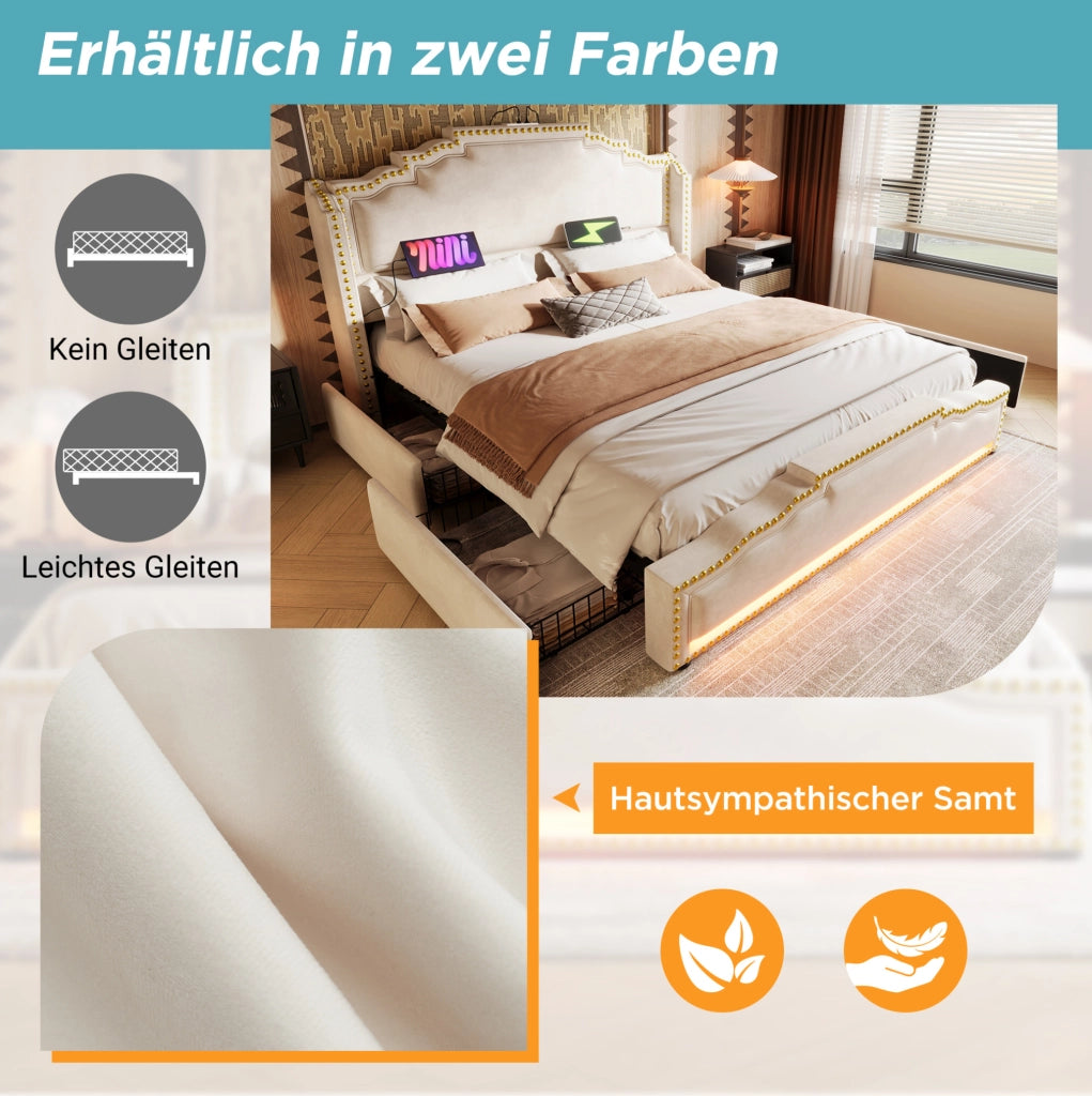 Letto imbottito beige 140 x 200 cm con LED, USB e 4 cassetti