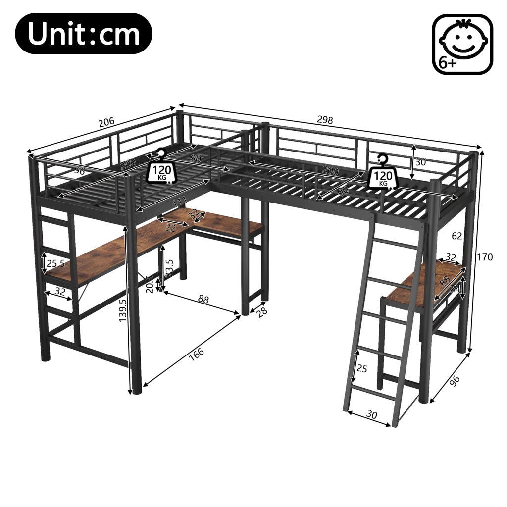 Letto a castello 90 x 200 cm con due letti, tavolo sotto il letto, doppia scala e ringhiera alta, Nero
