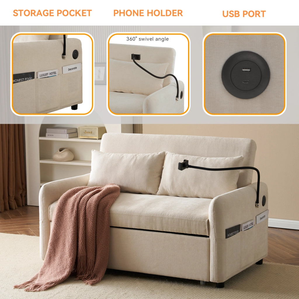 Divano letto a 2 posti estraibile in chenille beige con schienale regolabile porte USB tasche laterali e portacellulare