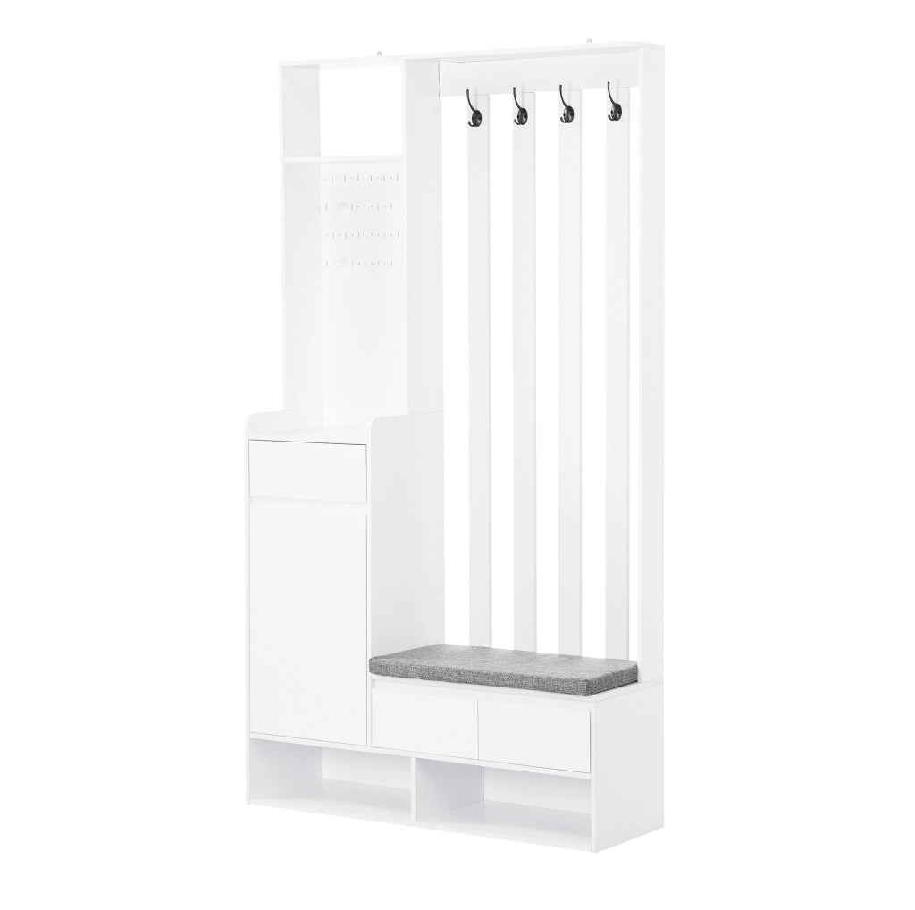 Panca contenitore bianca con appendiabiti a parete e 4 ganci, mobile ingresso multifunzione in MDF H180xL100xP35 cm