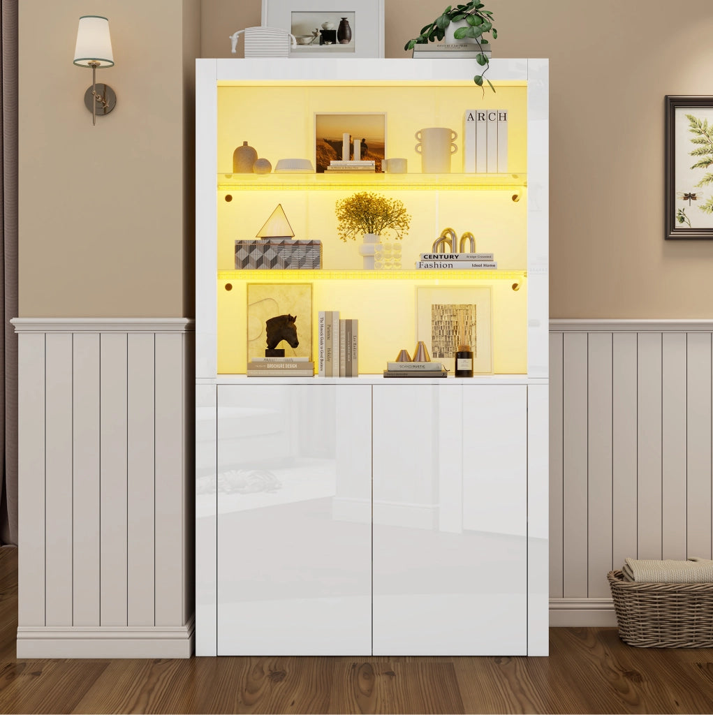 Vetrina Moderna Bianca Lucida 100x35x170 cm con Ripiani in Vetro Temperato e Illuminazione LED