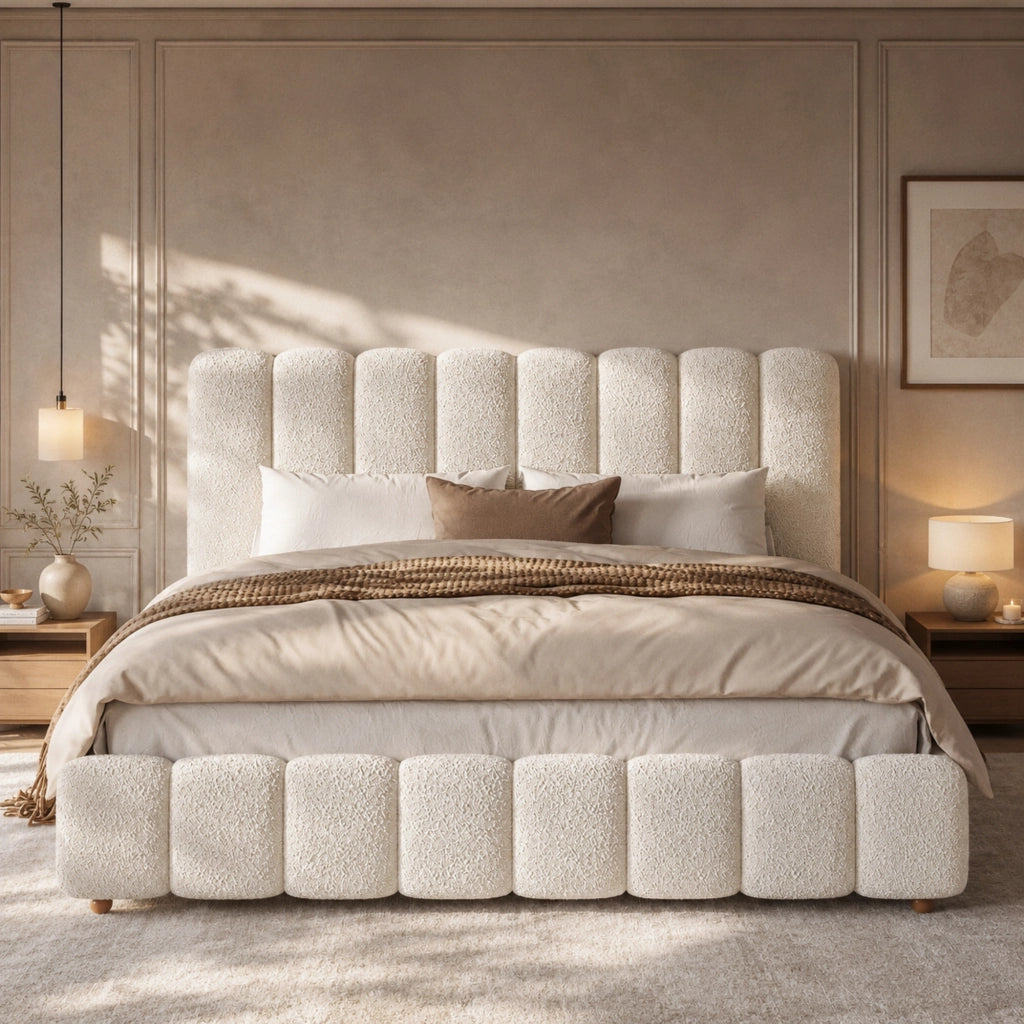 Letto matrimoniale imbottito 180 ¡Á 200 cm con rete a doghe testiera in boucl¨¦ bianco gambe in legno