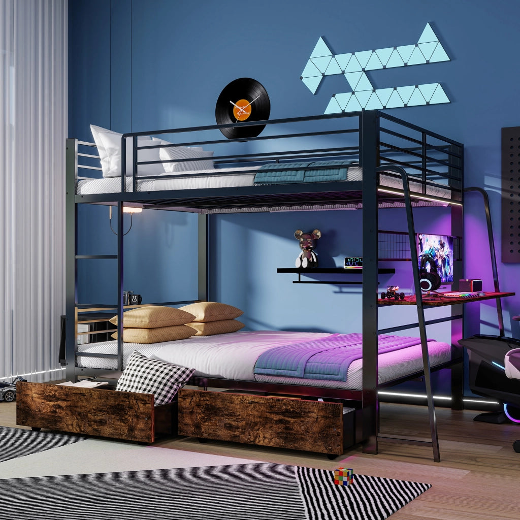 Letto a soppalco 140 × 200 cm con scrivania prese USB Type-C LED RGB e cassetti in metallo e MDF nero