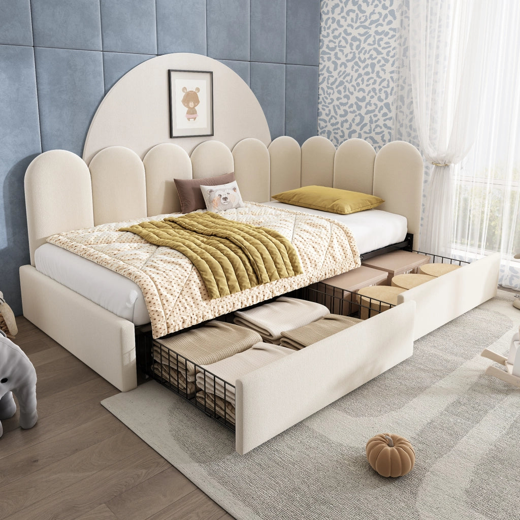 Letto singolo imbottito 90 ¡Á 200 cm con due cassetti in velluto beige con rete a doghe e lati intercambiabili