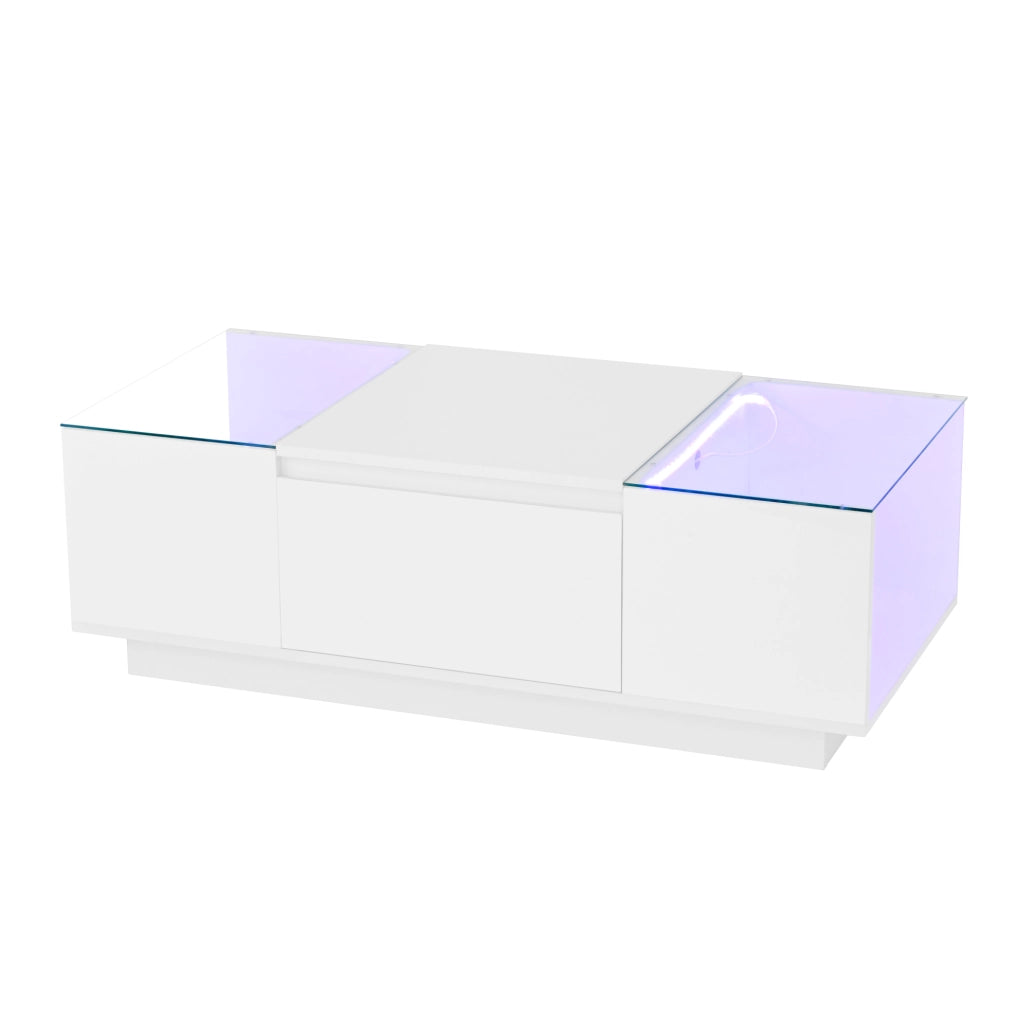Tavolino moderno bianco 105x50x35 cm con ripiani in vetro, LED RGB e 2 cassetti