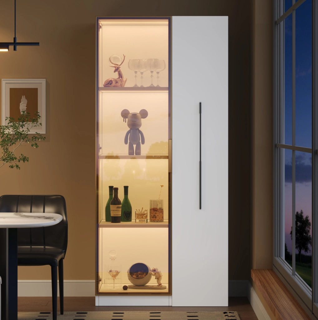 Vetrina 70x40x160 cm con LED e modulo laterale estraibile in MDF bianco