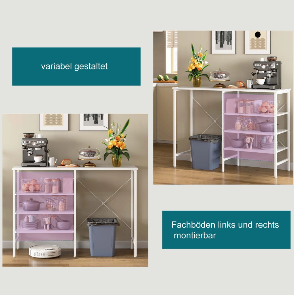 Tavolo Organizer Multifunzionale 120x40x85,5 cm con Struttura in Metallo e Piano Bianco, Montaggio Flessibile per Cucina, Soggiorno, Cantina e Garage