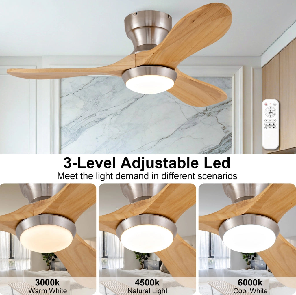 Ventilatore da soffitto incassato 36" con pale in legno massello di noce, motore DC silenzioso reversibile, 6 velocità regolabili