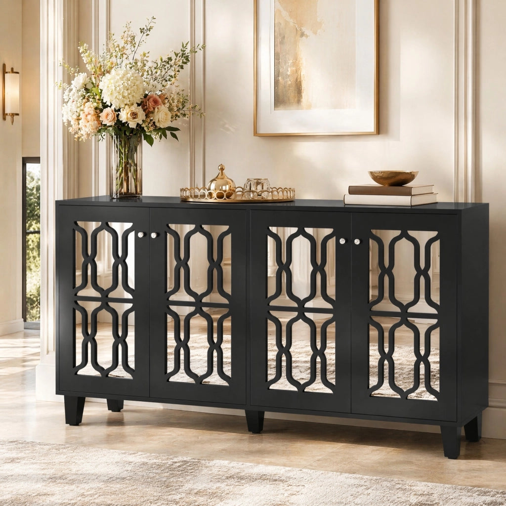Madia nera effetto specchio con 4 ante; 2 ripiani regolabili; 160 x 40 x 84 cm