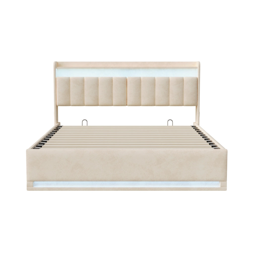 Letto matrimoniale contenitore 160x200 cm imbottito LED USB alzata idraulica testiera letto matrimoniale rete a doghe velluto beige