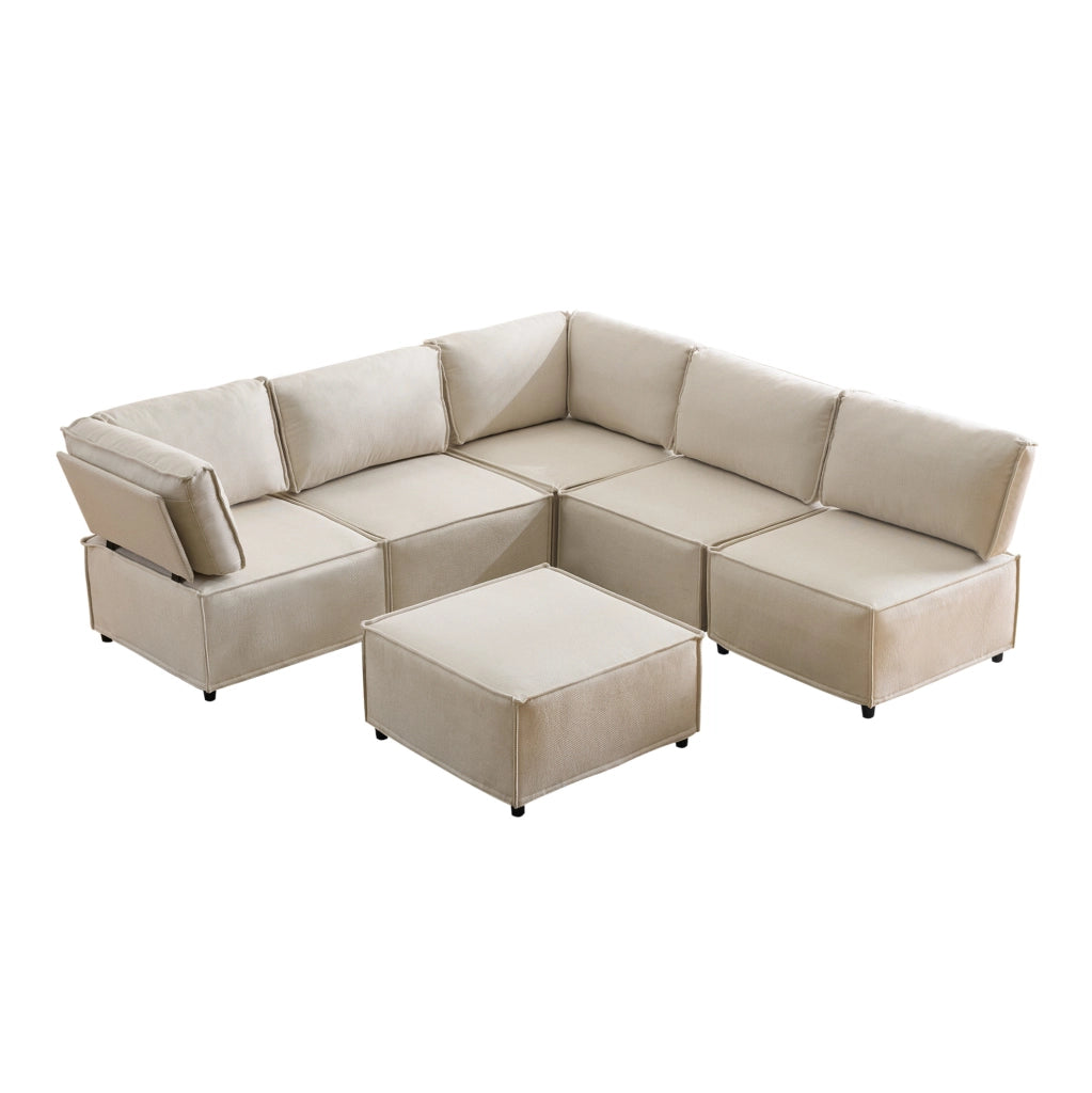 Divano angolare modulare 308x152x77 cm in legno e lino beige convertibile