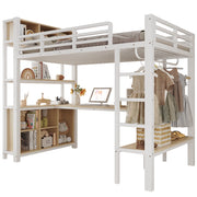 Letto a soppalco 90x200 cm con scrivania; scaffali e appendiabiti; metallo e MDF; bianco