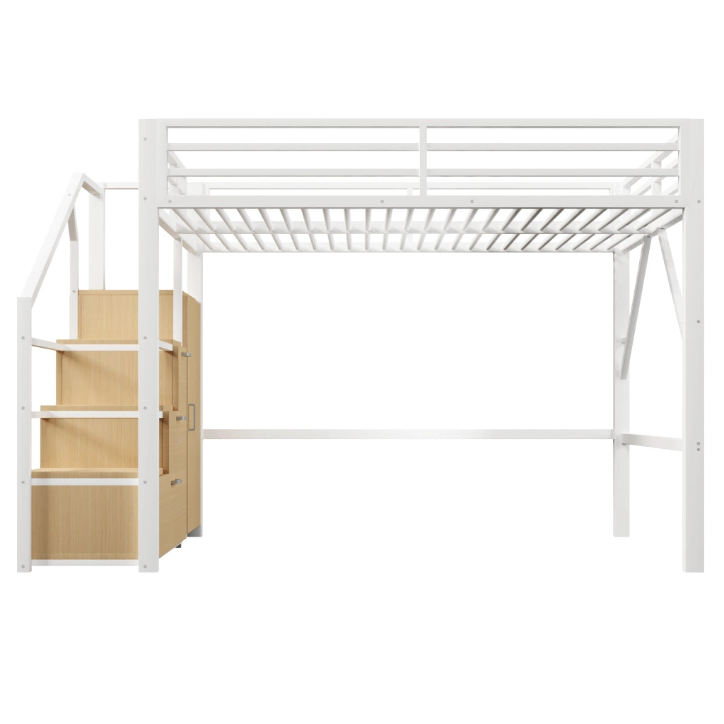 Letto a soppalco 140x200 cm in metallo bianco con armadio; contenitori e luci LED