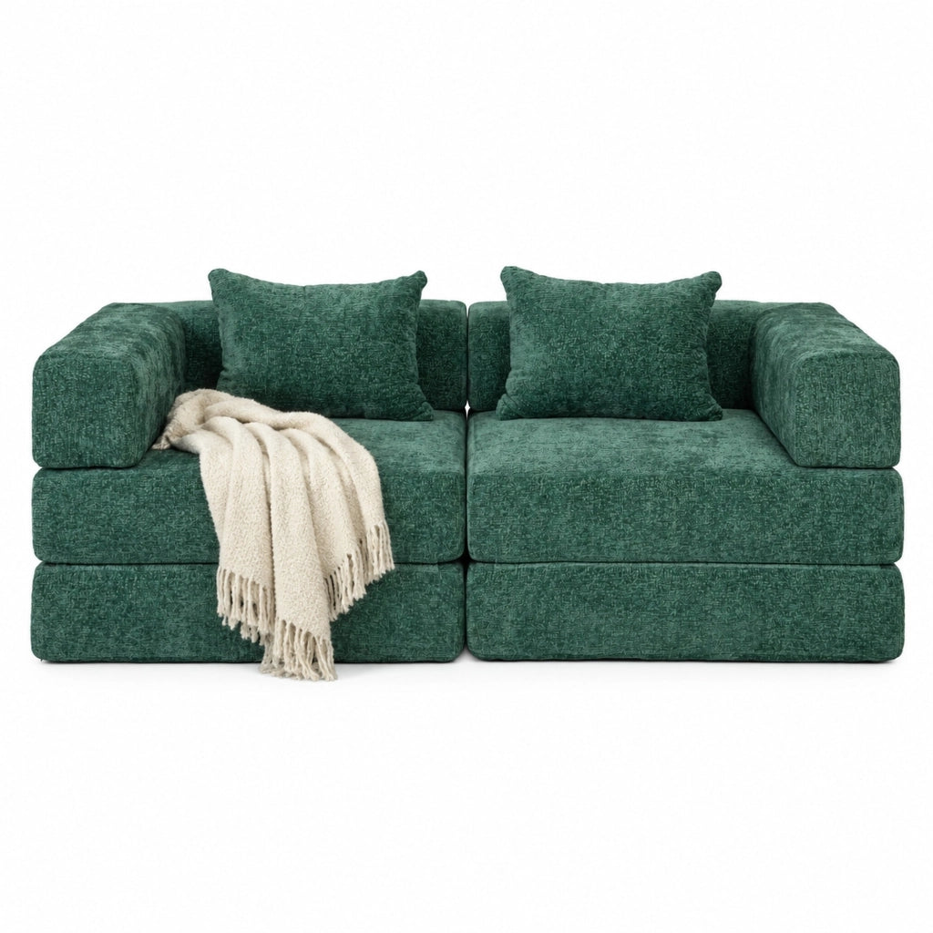 Divano letto 200x100x63 cm in ciniglia verde scuro, senza montaggio,