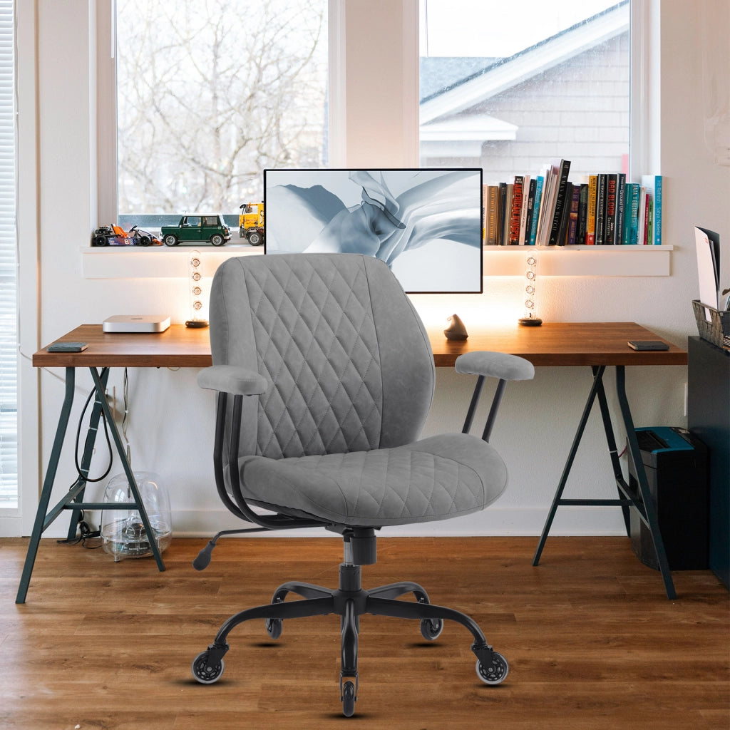 Poltrona da ufficio ergonomica in pelle grigia con braccioli e altezza regolabile