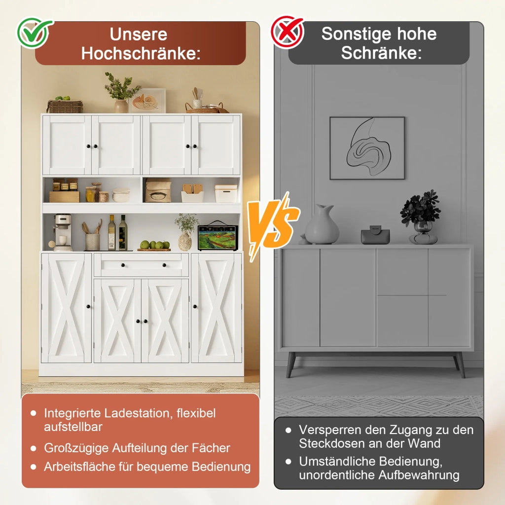 Credenza da cucina stile country, cremobianco, 140x40x185 cm, con piano di lavoro e presa elettrica. Grande armadio con cassetto, ripiani regolabili e vani porta