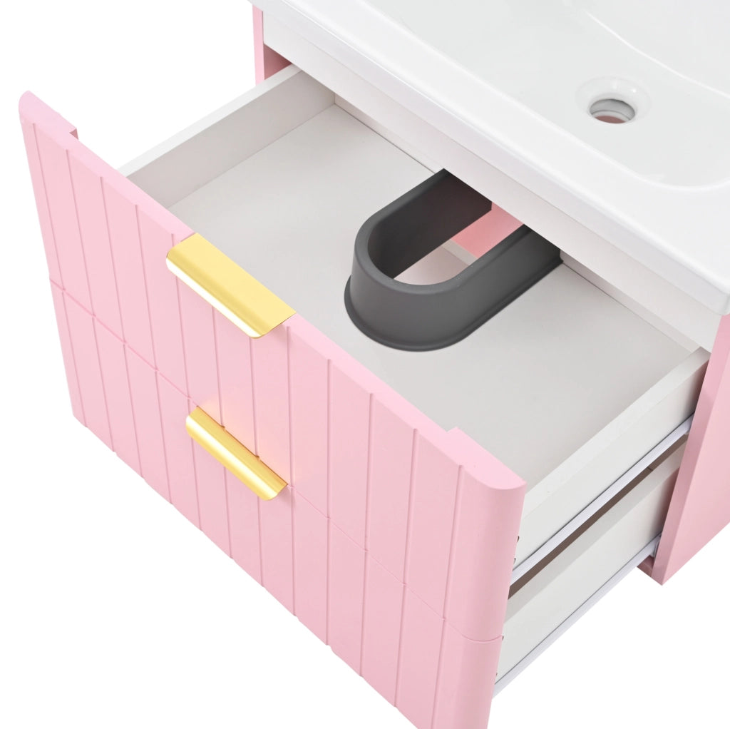 Mobile lavabo da bagno a pavimento con lavabo in ceramica, MDF rosa e bianco