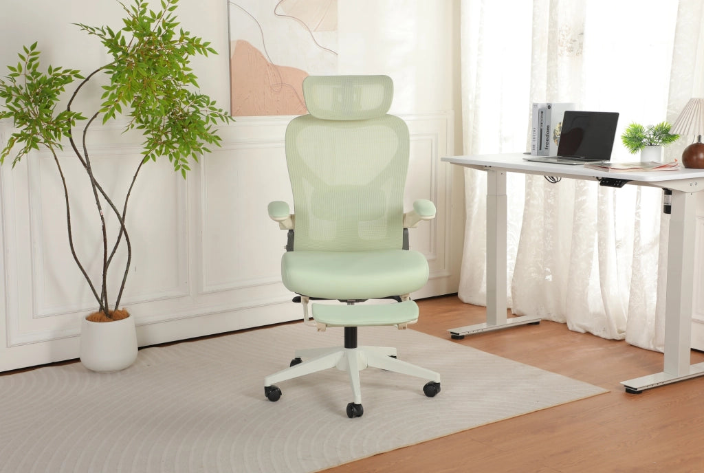 Sedia da ufficio pieghevole ergonomica con supporto lombare regolabile, schienale in mesh traspirante e poggiatesta 3D, colore verde