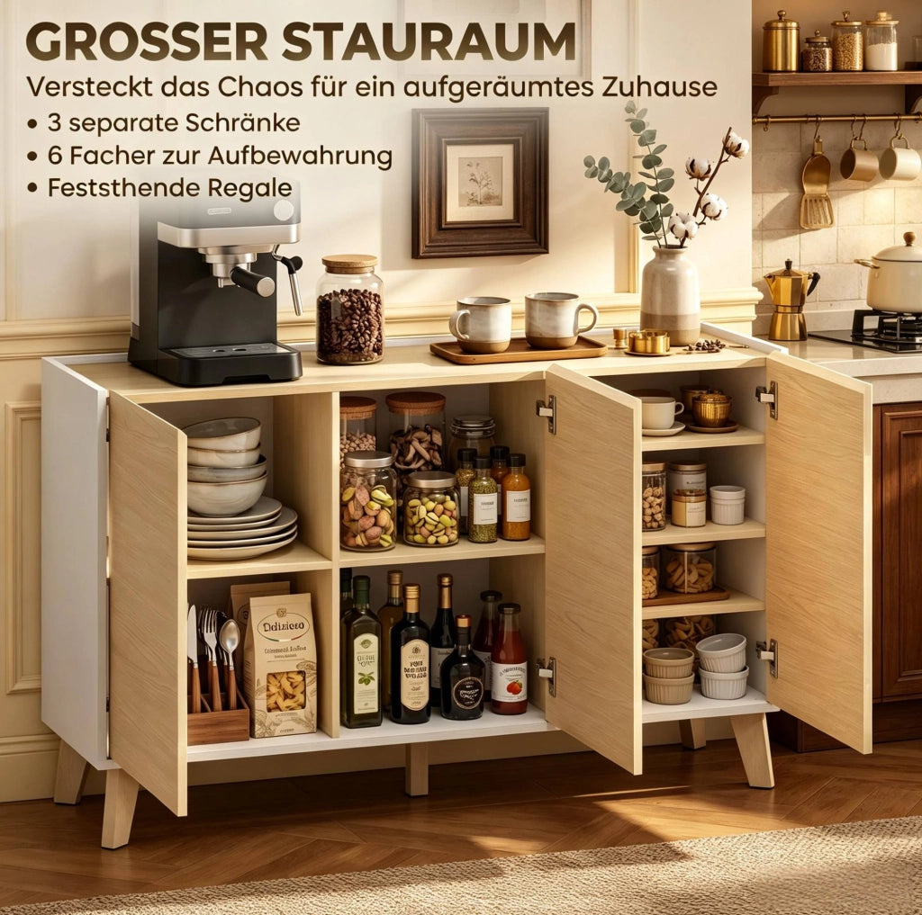Buffet nordico con 3 porte e 6 scomparti, 120 x 35 x 73,5 cm, bianco e legno naturale