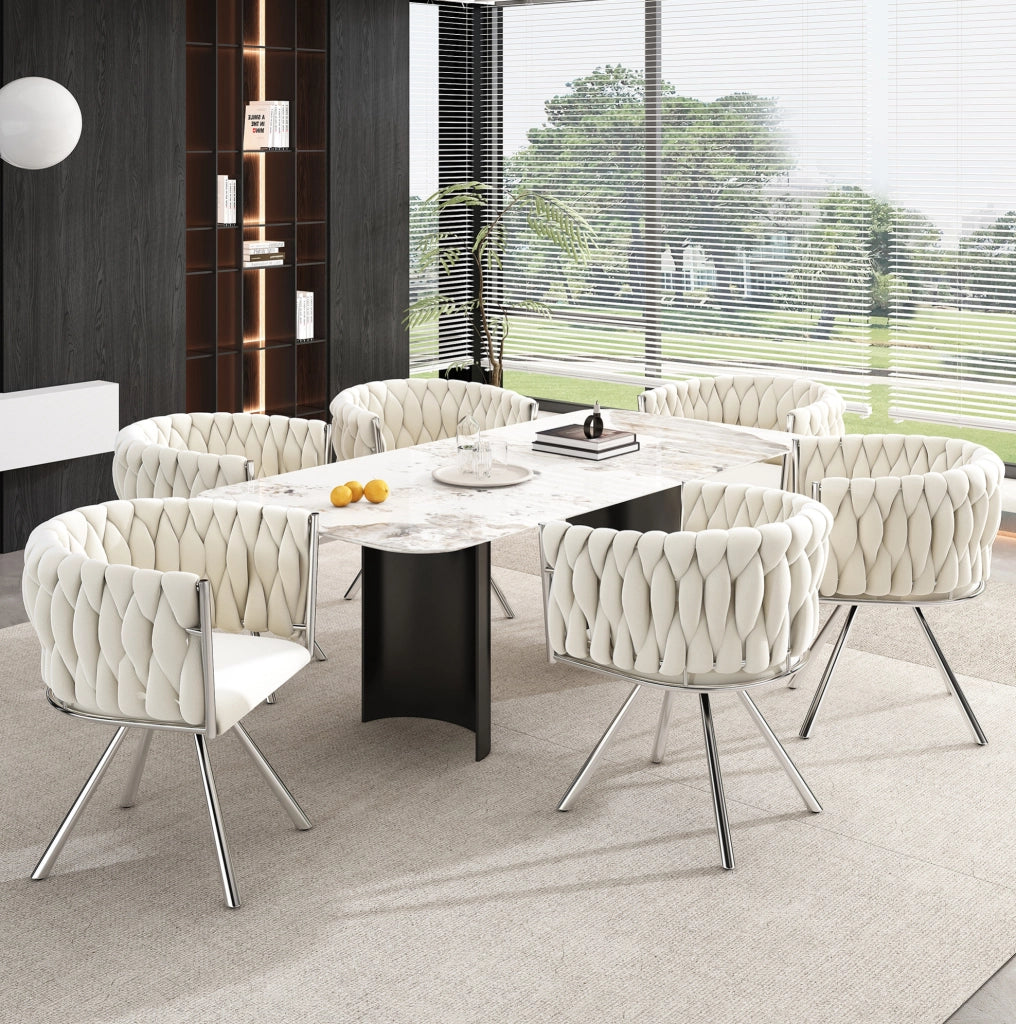 Set di 6 sedie da pranzo girevoli 360° in velluto beige con gambe in metallo argento